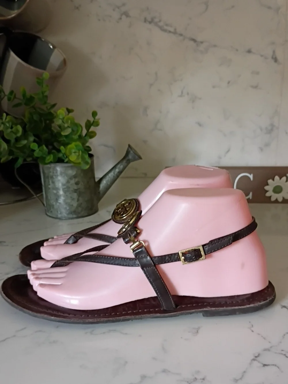 Tory Burch Brown Leather Sandals with Gold Logo Medallions